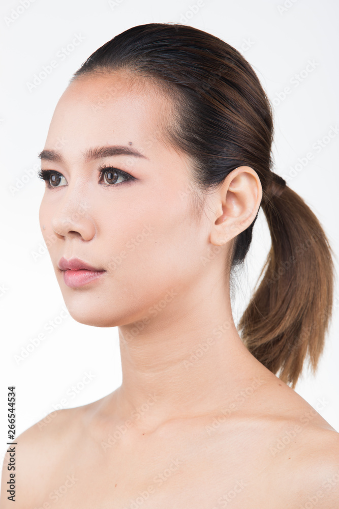 Beautiful Clean Skin Asian Woman straight black hair hands arms fingers face pose open shoulder smile, studio lighting white background copy space, advertising skincare product aesthetics treatment Beautiful Clean Skin Asian Woman straight black hair hands arms fingers face pose open shoulder smile, studio lighting white background copy space, advertising skincare product aesthetics treatment