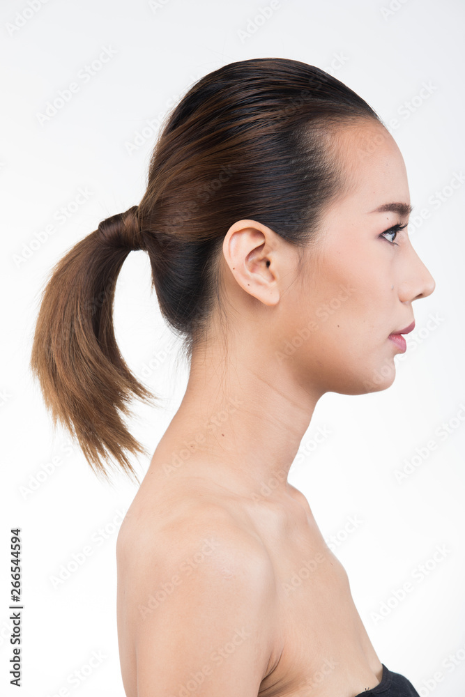 Asian Woman before applying make up hair style. no retouch, fresh face with acne, eyes, cheek, nice smooth skin. Studio lighting white background, aesthetics therapy treatment, rear side back view Asian Woman before applying make up hair style. no retouch, fresh face with acne, eyes, cheek, nice smooth skin. Studio lighting white background, aesthetics therapy treatment, rear side back view