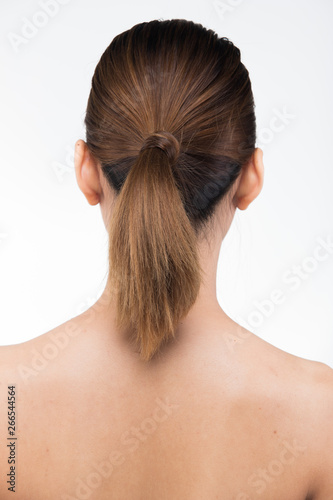 Asian Woman before applying make up hair style. no retouch, fresh face with acne, eyes, cheek, nice smooth skin. Studio lighting white background, aesthetics therapy treatment, rear side back view