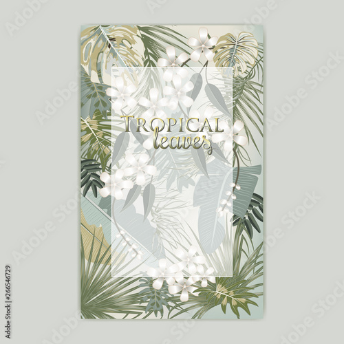 Vector tropical jungle cover with palm trees and leaves in olive green colors
