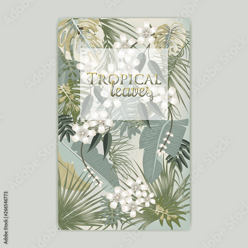 Vector tropical jungle cover with palm trees and leaves in olive green colors