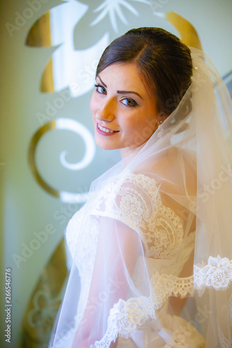 Beautiful bride in white wedding dress standing near the window
