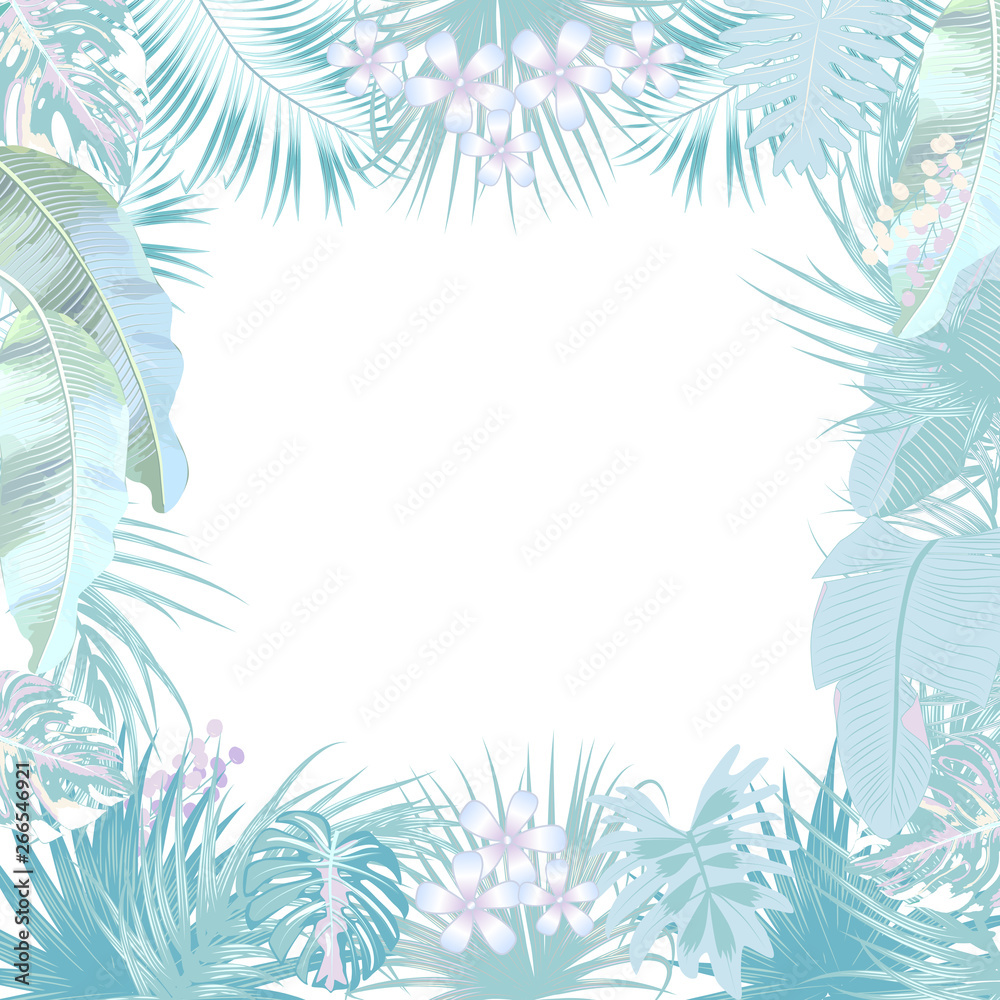 Vector tropical jungle frame with palm trees and leaves on white background