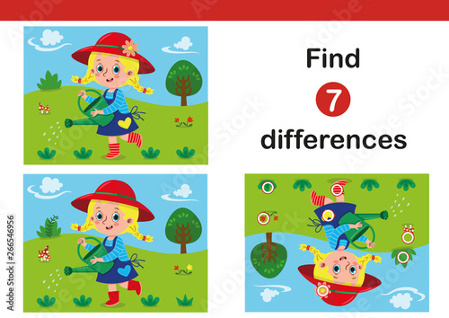 Find 7 differences education game for children, featuring a little gardener. Vector illustration. 