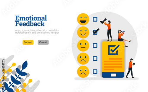 Emotional feedback with emoticons and checklists on smartphones vector illustration concept can be use for, landing page, template, ui ux, web, mobile app, poster, banner, website