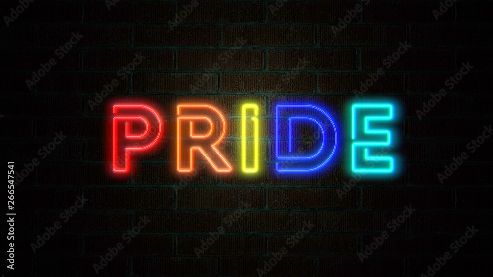 The word Pride flickering on brick wall. LGBT background