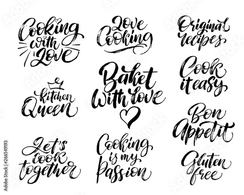 Cooking related quotes collection. Hand drawn kitchen calligraphy. Typography design elements set. Vector illustration.