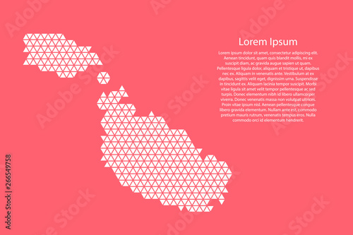 Malta map abstract schematic from white  triangles repeating pattern geometric on pink coral color  background with nodes for banner, poster, greeting card. Vector illustration.