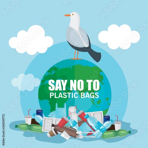 plastics waste pollution and dove bird photo