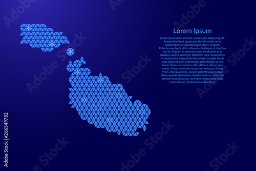 Malta map abstract schematic from blue triangles repeating pattern geometric background with nodes and space stars for banner, poster, greeting card. Vector illustration.