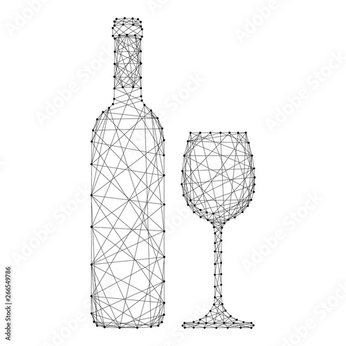 Wine bottle and glass from abstract futuristic polygonal black lines and dots. Vector illustration.