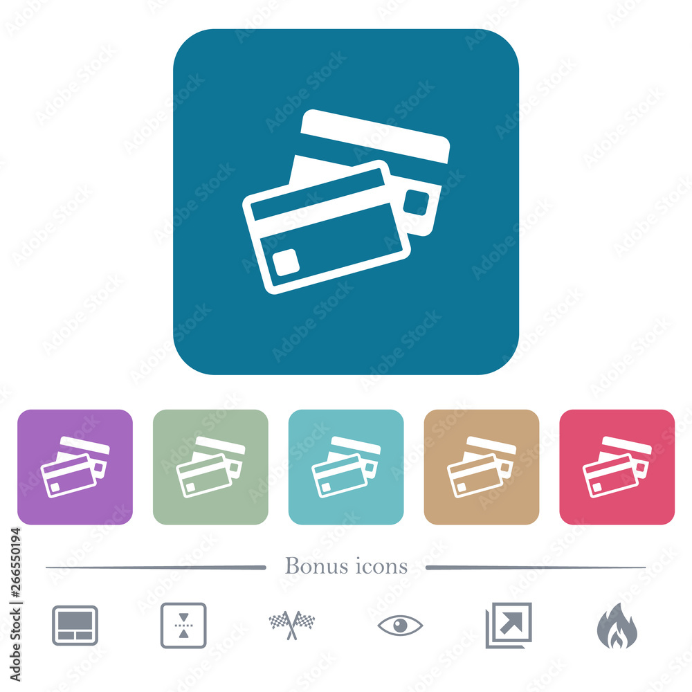 Credit cards flat icons on color rounded square backgrounds Credit cards flat icons on color rounded square backgrounds