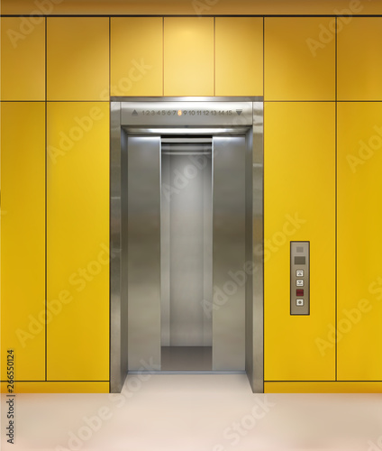 Chrome metal office building elevator doors. Open and closed variant. Realistic vector illustration yellow wall panels office building elevator.