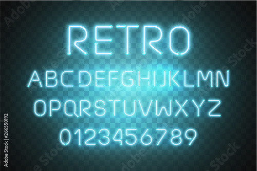 Light Neon Font Alphabet Vector . Glowing text effect. Neon tube blue letters isolated on transparent background. Vector illustration EPS 10 .
