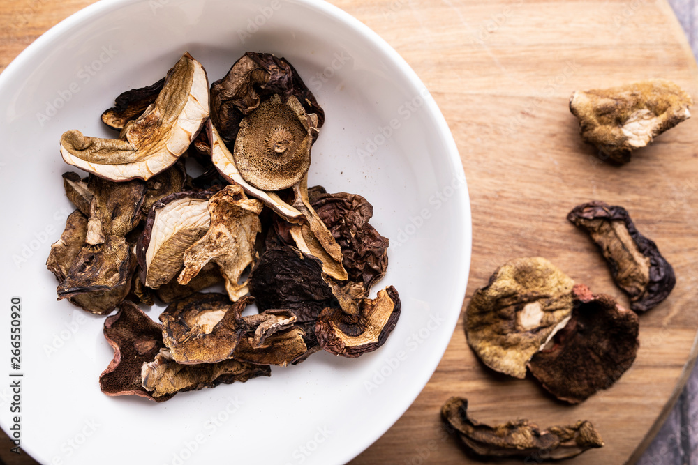 Dried forest mushrooms. Taste and aroma. Natural food Dried forest mushrooms. Taste and aroma. Natural food