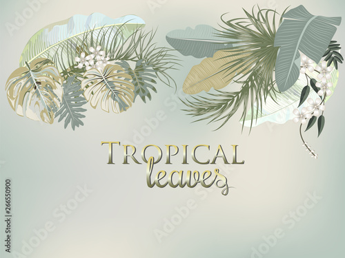 Vector tropical jungle cover with palm trees and leaves in olive green colors
