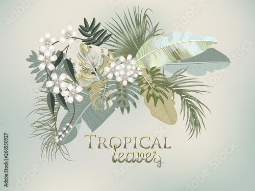 Vector tropical jungle cover with palm trees and leaves in olive green colors