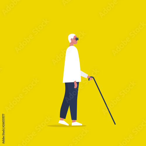Young sightless character wearing dark shades and holding a cane. Concept. Flat editable vector illustration, clip art