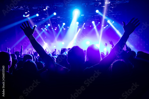 Silhouette of man with raised hands on music concert