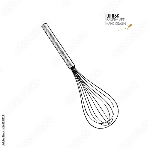 Bakery set. Hand drawn isolated metal whisk. Kitchen tools. Vector engraved icon. For restaurant and cafe menu, baker shop, bread, pasty, sweets. Design template.