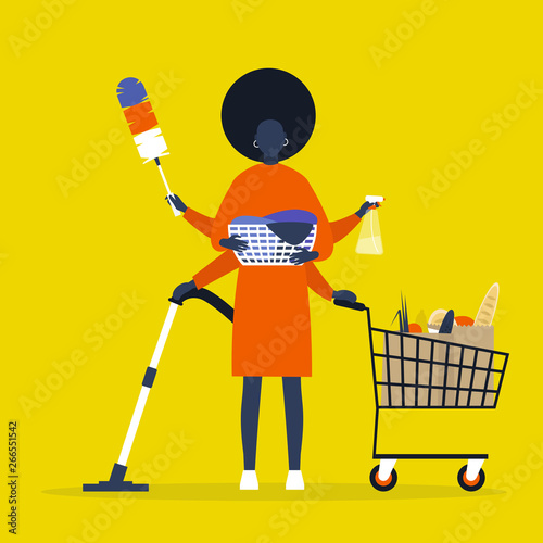 Multitasking daily routine concept. Young black female character with four hands doing a lot of household chores simultaneously  / flat editable vector illustration. clip art