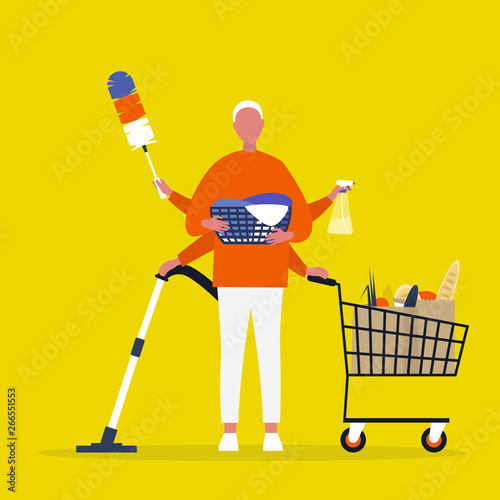 Young male character with four hands doing a lot of household chores simultaneously 