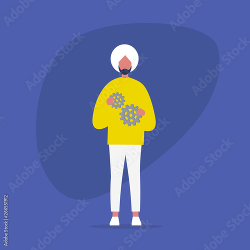 Optimisation concept. Young indian character holding two gear wheels. Efficiency. Managing the business processes. Flat editable vector illustration, clip art