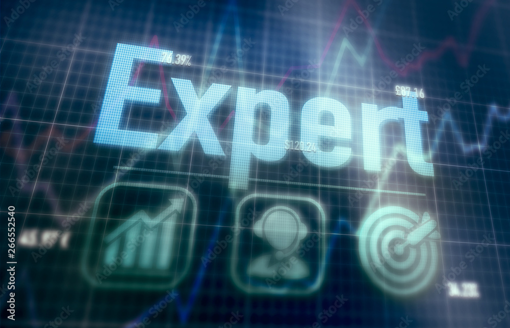 Expert concept on a blue dot matrix computer display.