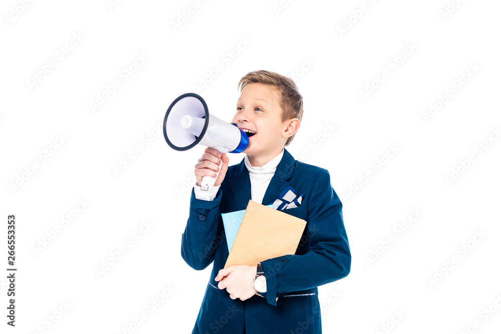 happy schoolboy with books shouting in mouthpiece Isolated On White happy schoolboy with books shouting in mouthpiece Isolated On White