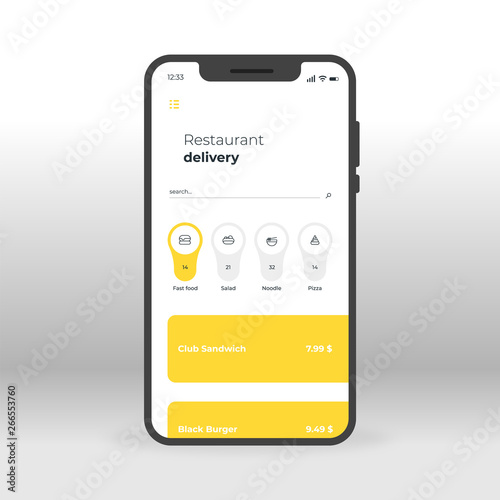 Yellow and gray restaurant delivery UI, UX, GUI screen for mobile apps design. Modern responsive UI of mobile applications including Food delivery screen with fast food, salad, noodle, pizza icons