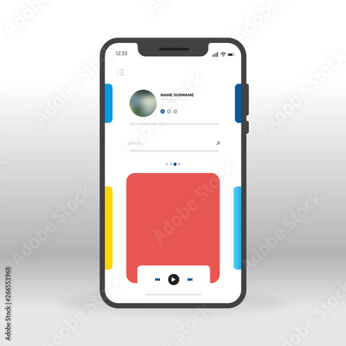 Red and blue music player UI, UX, GUI screen for mobile apps design. Modern responsive user interface design of mobile applications including Music playlist screen