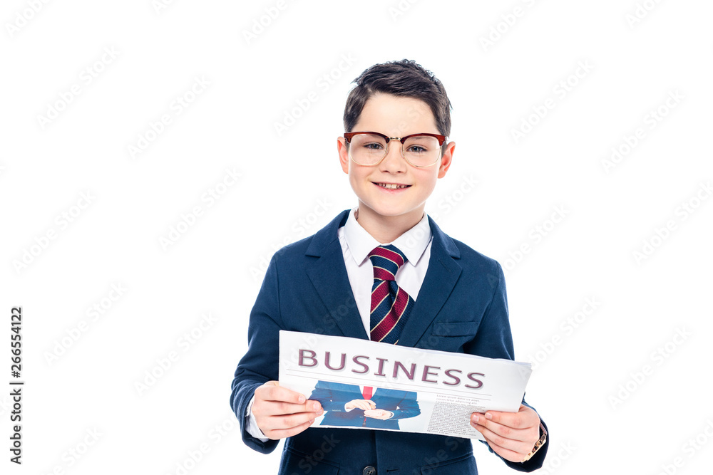 happy schoolboy in formal wear and glasses with business newspaper Isolated On White