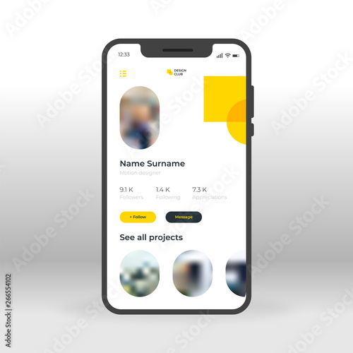Orange and yellow social network profile UI, UX, GUI screen for mobile apps design. Modern responsive user interface design of mobile applications including Profile screen with projects element