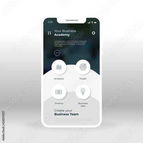 Online business academy UI, UX, GUI screen for mobile apps design. Modern responsive user interface design of mobile applications. Business trainings screen with analytics, target, finance elements