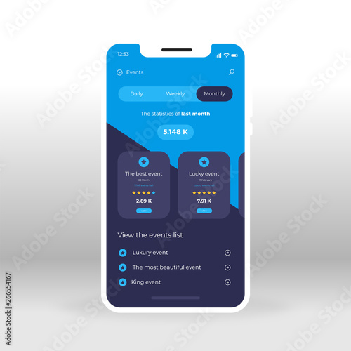 Blue events UI, UX, GUI screen for mobile apps design. Modern responsive user interface design of mobile applications including events and party screen with daily, weekly and monthly news elements