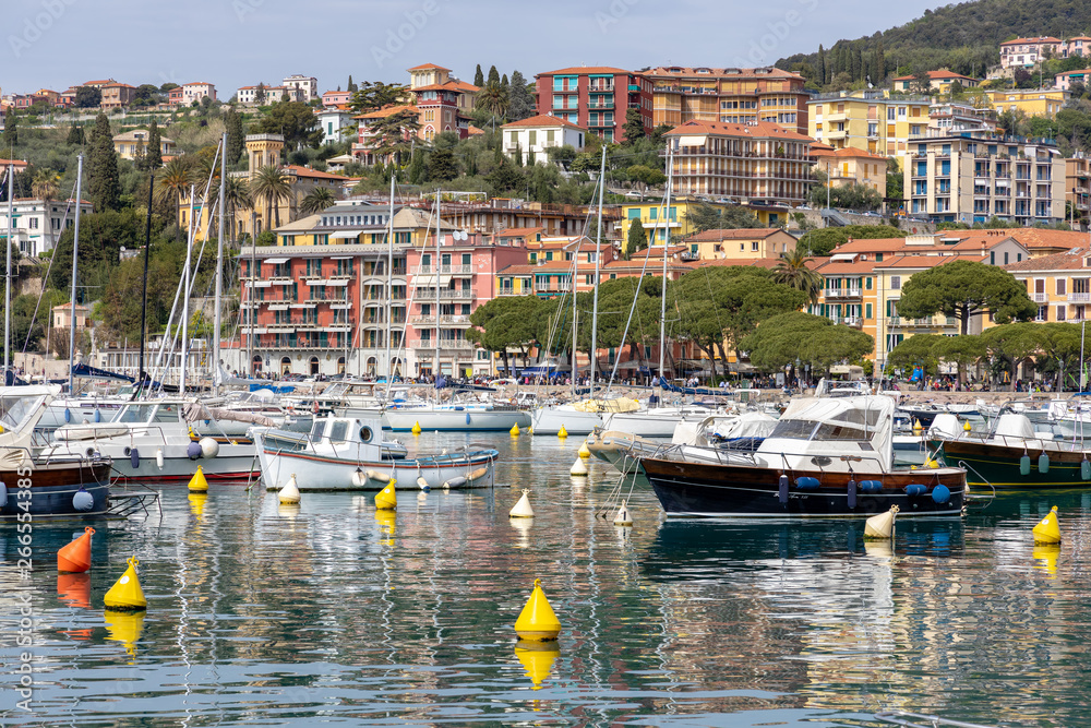 LERICI, LIGURIA/ITALY  - APRIL 21 : Boats in the harbour in Lerici in Liguria Italy on April 21, 2019. Unidentified people