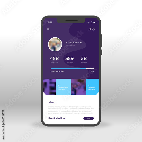 Purple social network profile UI, UX, GUI screen for mobile apps design. Modern responsive user interface design of mobile applications including Profile screen with follow and about elements