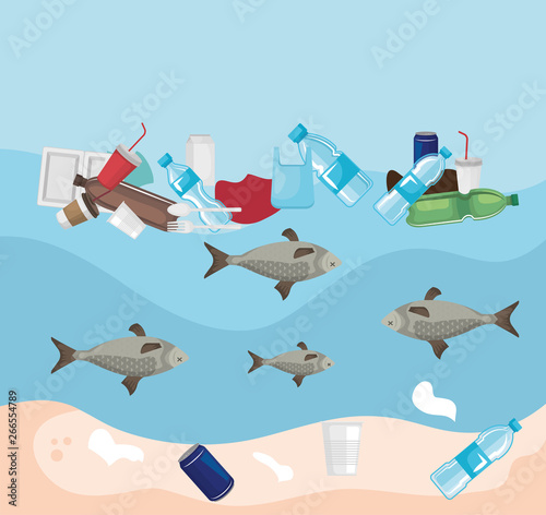toxic plastics in the sea and fishes animals contamination