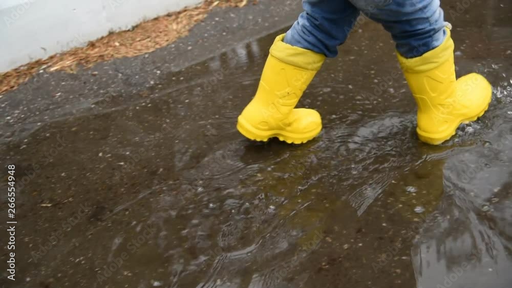 little boy walks through the puddles in the spring after the rain little boy walks through the puddles in the spring after the rain