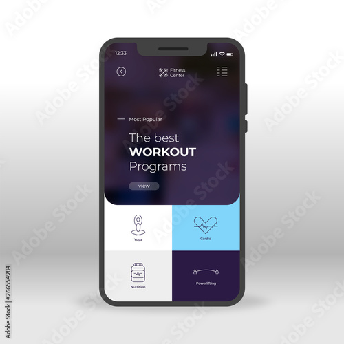 Blue and purple workout programme UI, UX, GUI screen for mobile apps design. Modern responsive user interface design of mobile applications including gym programme screen. Yoga cardio nutrution icons