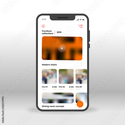 Red and orange furniture UI, UX, GUI screen for mobile apps design. Modern responsive user interface design of mobile applications including Furniture products screen