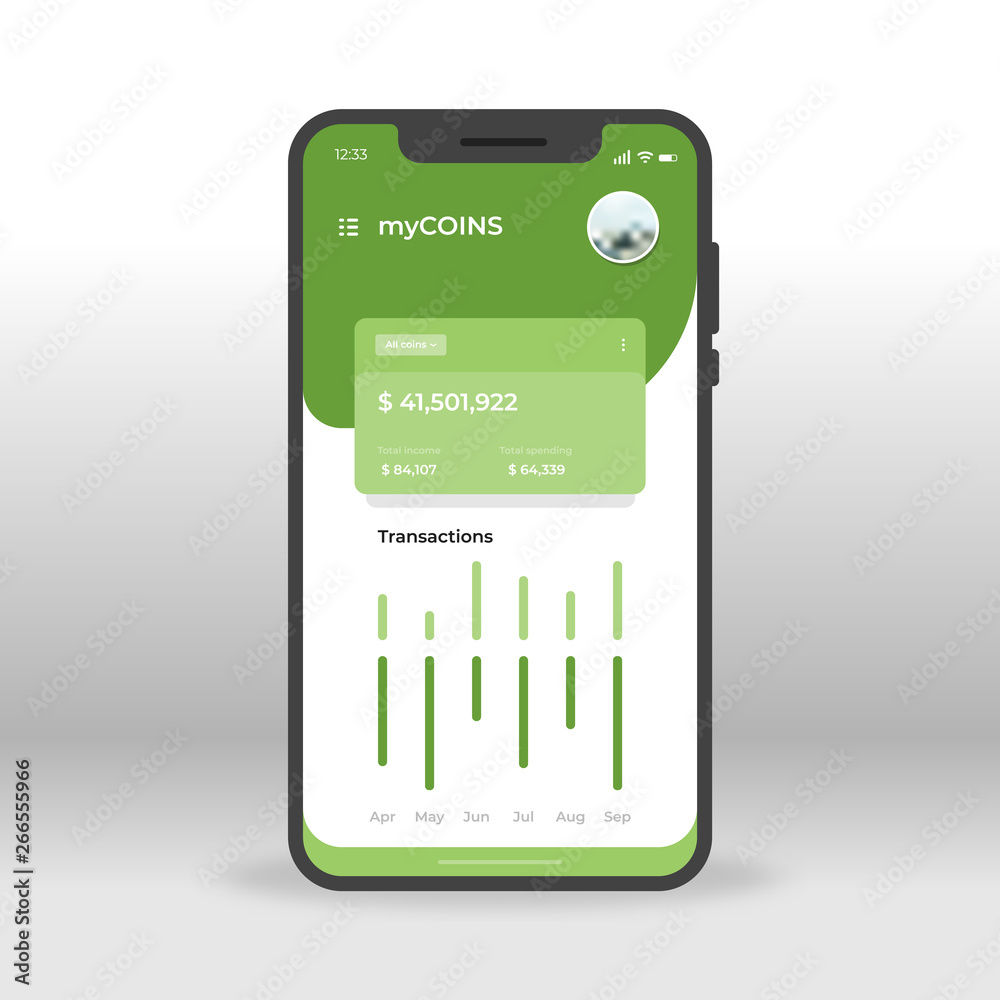 Green online crypto currency wallet UI, UX, GUI screen for mobile apps design. Modern responsive user interface design of mobile applications including Bank account screen Green online crypto currency wallet UI, UX, GUI screen for mobile apps design. Modern responsive user interface design of mobile applications including Bank account screen