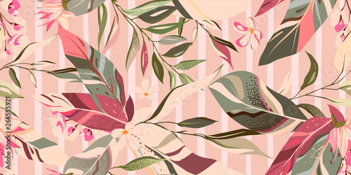 botanic seamless pattern with exotic flowers and leaves, hand drawn background. floral pattern. Tile with tropical leaf