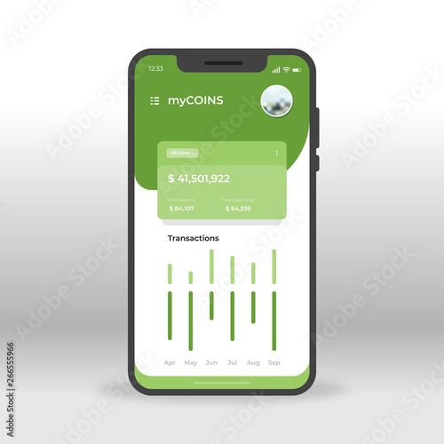Green online crypto currency wallet UI, UX, GUI screen for mobile apps design. Modern responsive user interface design of mobile applications including Bank account screen