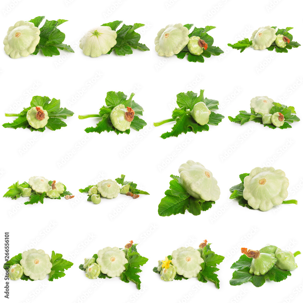 Creative layout (pattern) of small pattypan squash or patisson. The concept of nutrition. Vegetables isolated