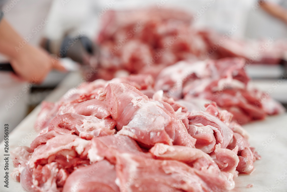 Close up of fresh chopped pieces of meat pork or beef.