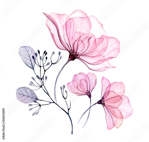 Watercolor transparent floral arrangement of roses bellflower buds leaves branches in pastel pink grey blue violet purple color vintage ornament x-ray  wedding design  stationery print  frame 