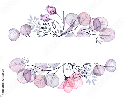Watercolor Transparent floral arrangement of roses buds leaves branches in pa...