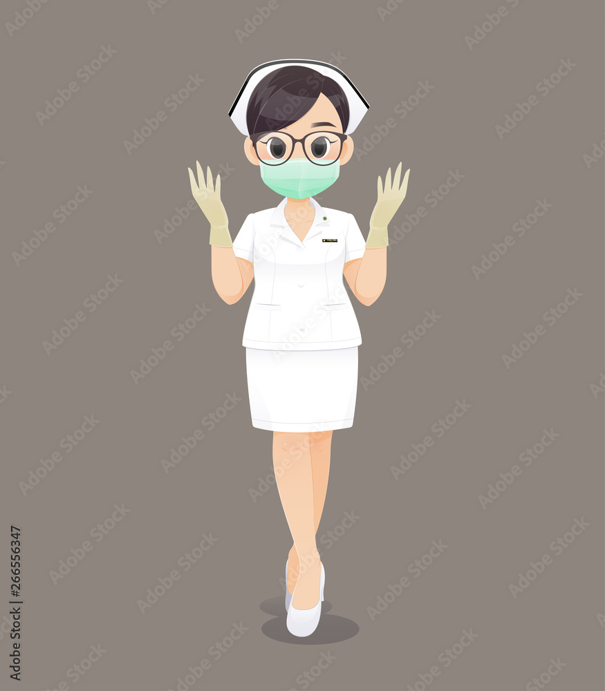 Female nursing wearing medical gloves and wearing a health mask, Cartoon woman doctor or nurse wearing black glasses in a white uniform on a brown background, Vector illustration in character design Female nursing wearing medical gloves and wearing a health mask, Cartoon woman doctor or nurse wearing black glasses in a white uniform on a brown background, Vector illustration in character design