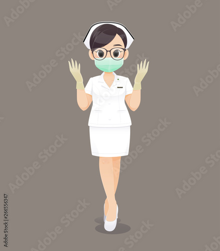 Female nursing wearing medical gloves and wearing a health mask, Cartoon woman doctor or nurse wearing black glasses in a white uniform on a brown background, Vector illustration in character design